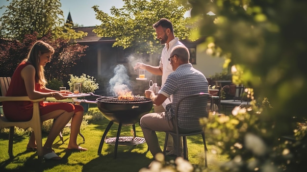 Foto una foto di una famiglia e amici che fanno un barbecue in un picnic in un giardino generative ai