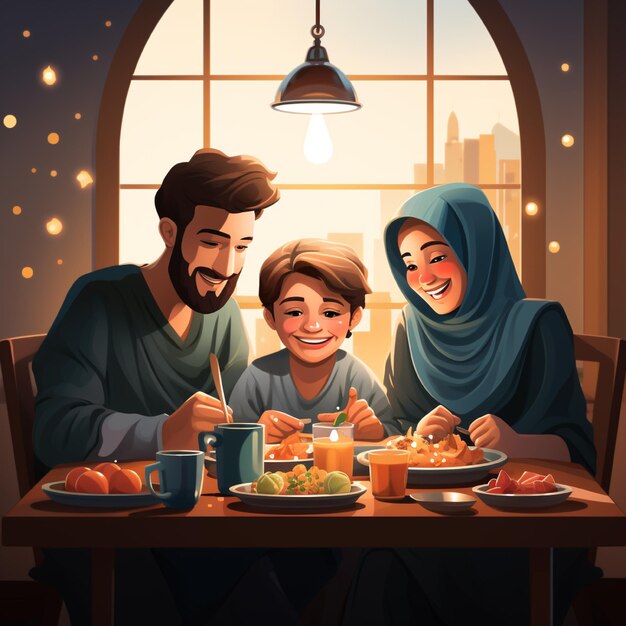 a picture of a family having a meal with a boy and a window in the background