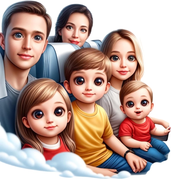 фотография семьи с ребенком и куклой с небом за ними