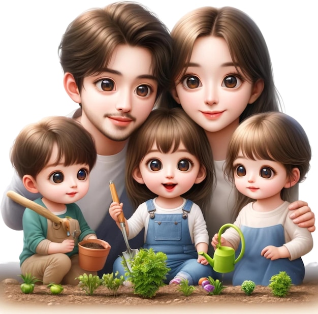 фотография семьи с детьми и садом