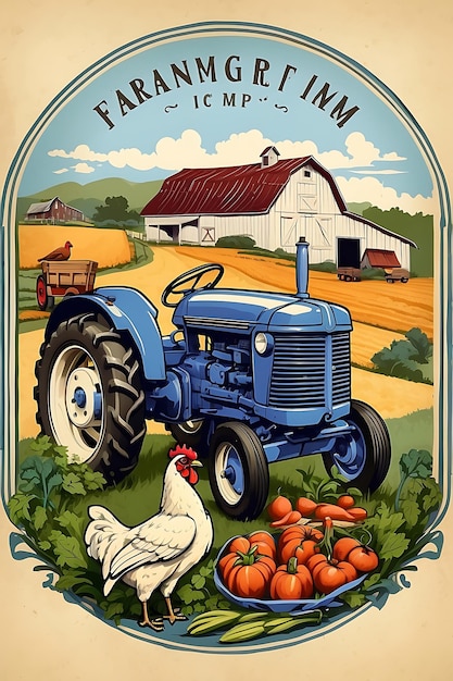 a picture of a farm with a tractor and a chicken