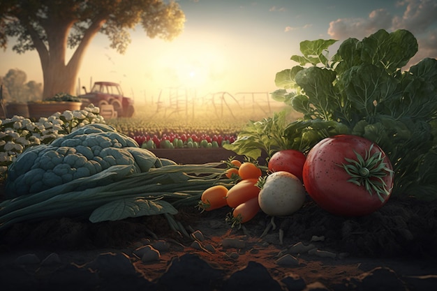 A picture of a farm with vegetables on the ground