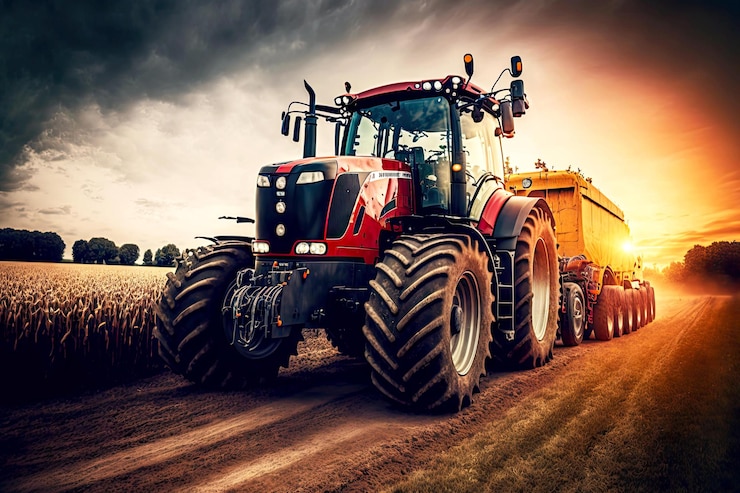 Photo picture of farmer leading large agricultural tractor on field