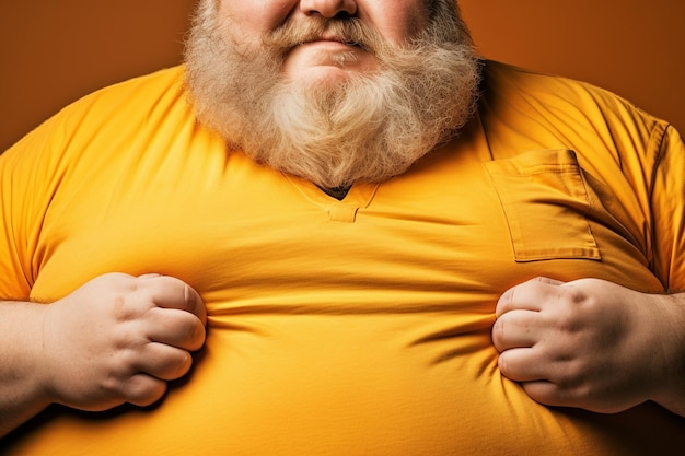 A picture of a fat man in a tight shirt