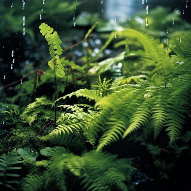 シダと雨が地面に降っている写真