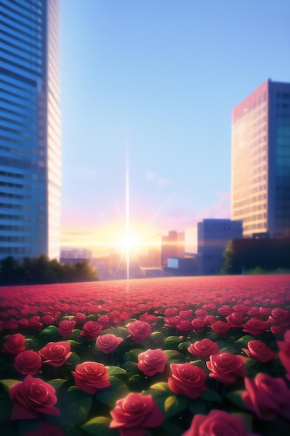 A picture of a field of flowers with the sun setting behind it.