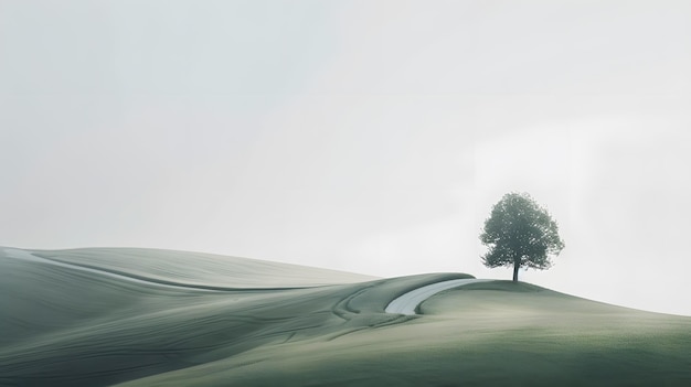 a picture of a field with a tree and a field with a line of grass