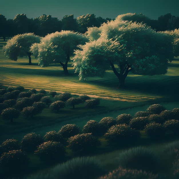 A picture of a field with trees and the sun shining on it.