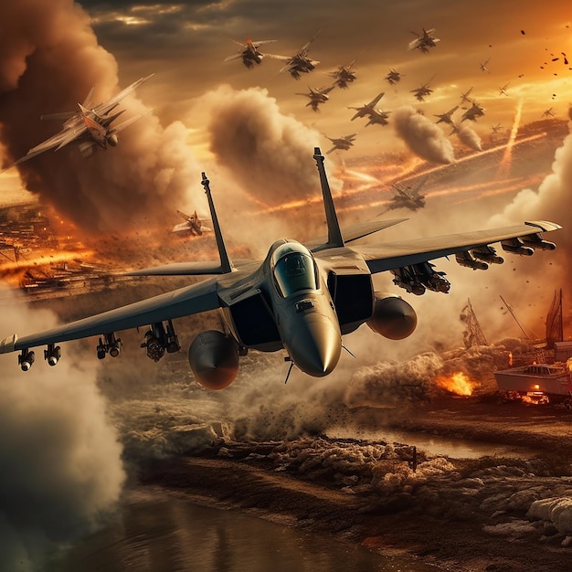 破壊された都市の上を飛ぶ戦闘機の写真