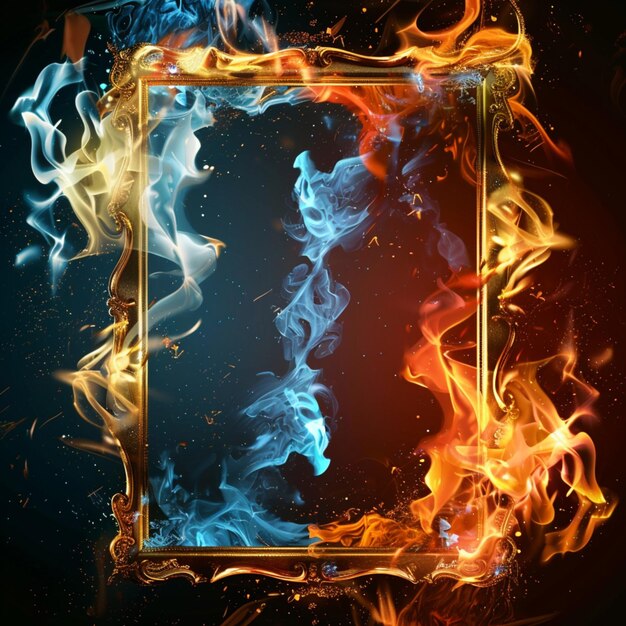 a picture of a fire with a gold frame