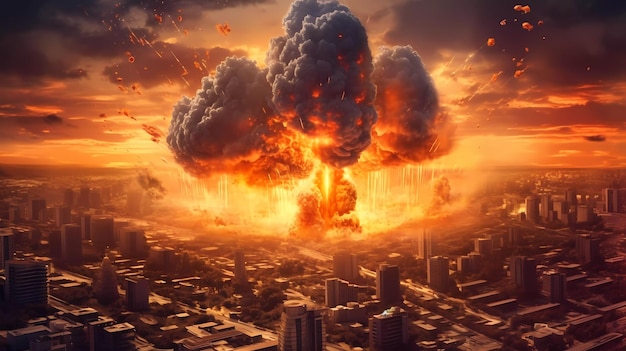 都市を背景にした火の玉の爆発の写真。