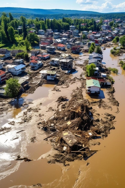 a picture of a flooded village with houses in the background