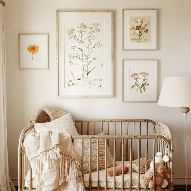 Photo a picture of a flower and a crib with a picture of a flower on the wall