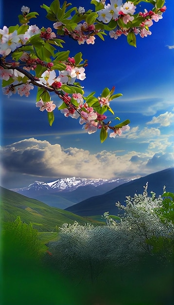 배경 생성 ai에 산이 있는 꽃이 만발한 나무 그림