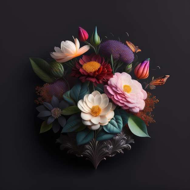 A picture of flowers and leaves with a dark background