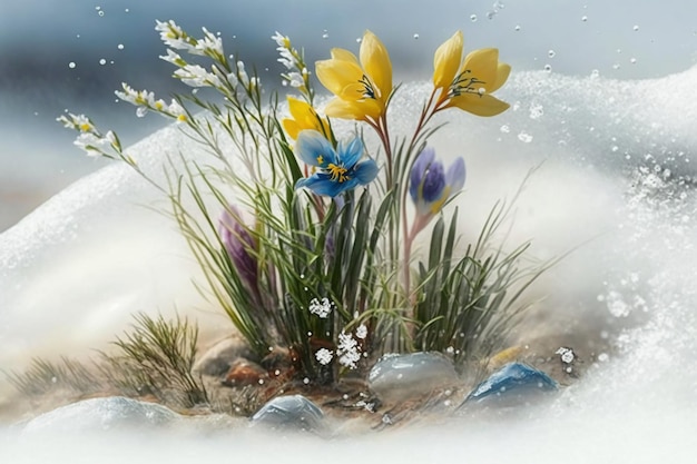 A picture of flowers in the snow with snow on the ground