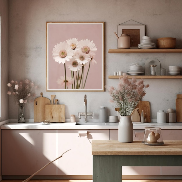 A picture of flowers on a wall in a kitchen.