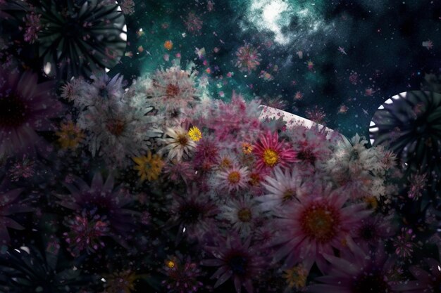 A picture of flowers with the moon in the background