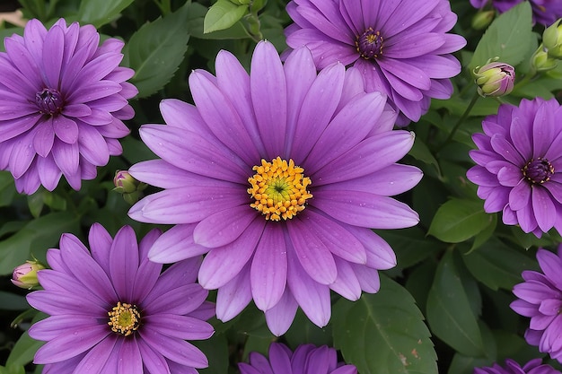A picture of flowers with a purple flower in the middle