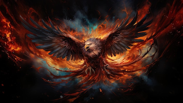 a picture of a flying eagle with flames in the background