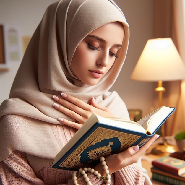 A picture fo a woman reading the Holy Quran