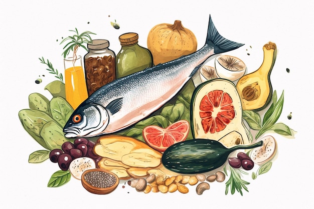 A picture of food including a fish, vegetables, and other foods.