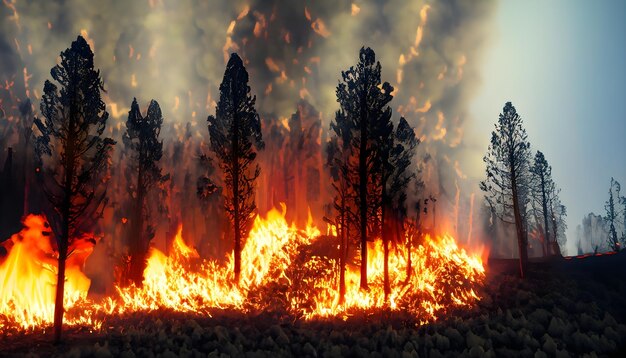 a picture of a forest fire with a forest of trees in the background.