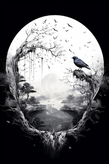 a picture of a forest with a crow on it