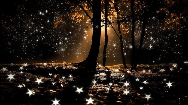 A picture of a forest with stars on the ground