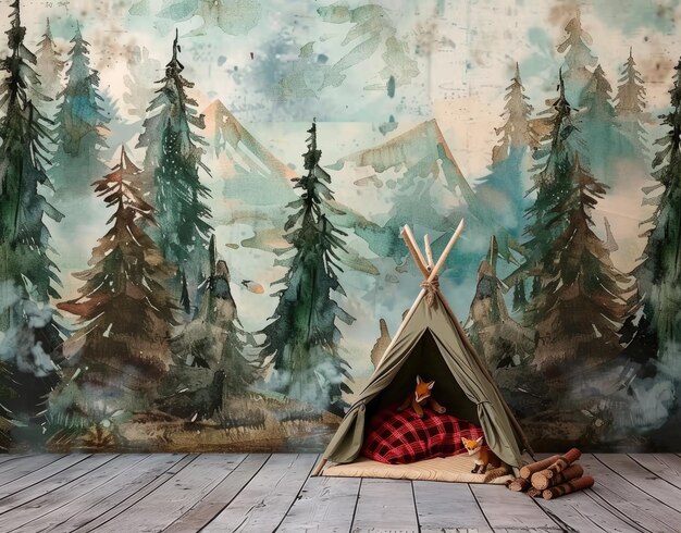 a picture of a forest with a tent and a tent