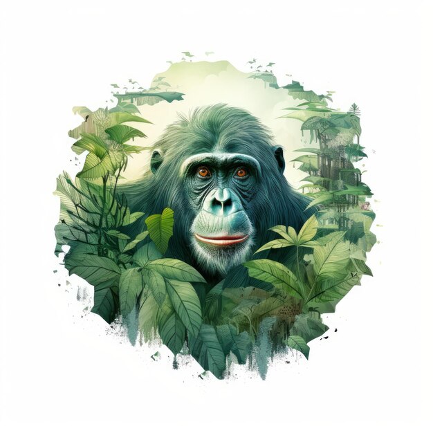 A picture in the form of a circle showing a monkey among the plants