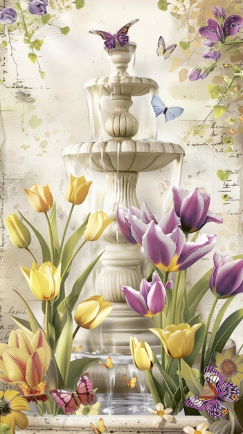 a picture of a fountain with a butterfly and flowers