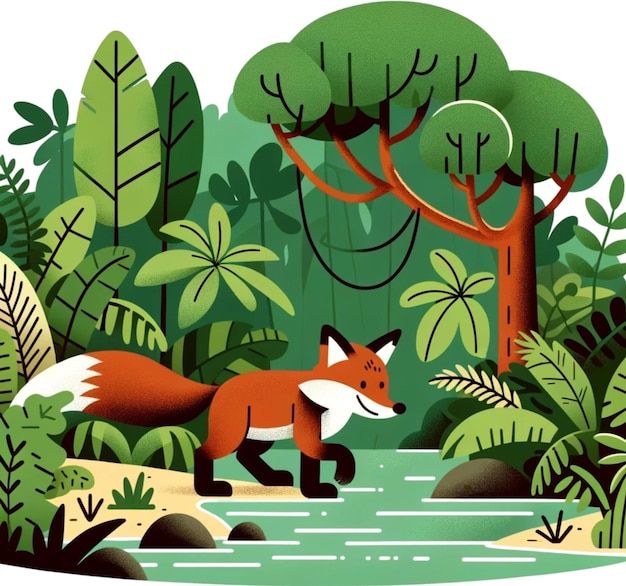 a picture of a fox in a forest with trees and bushes