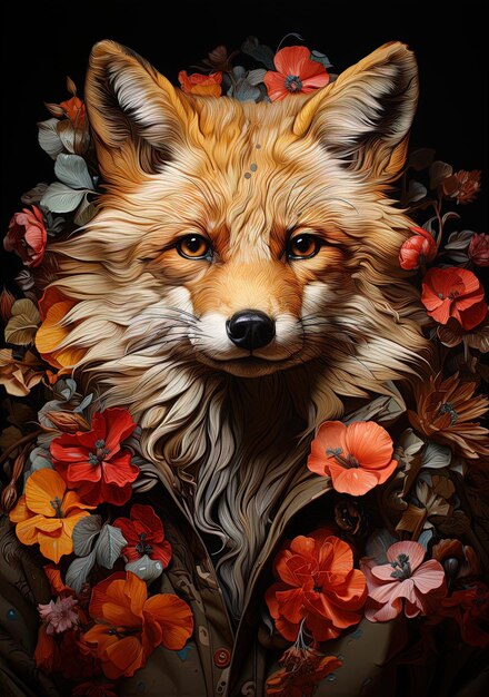 Photo a picture of a fox with flowers and a wolf head