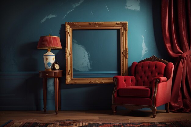 Picture frame by a velvet armchair