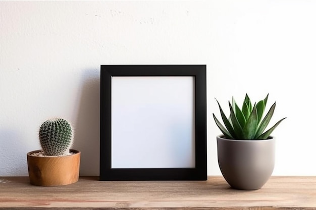 A picture frame next to a cactus on a shelf