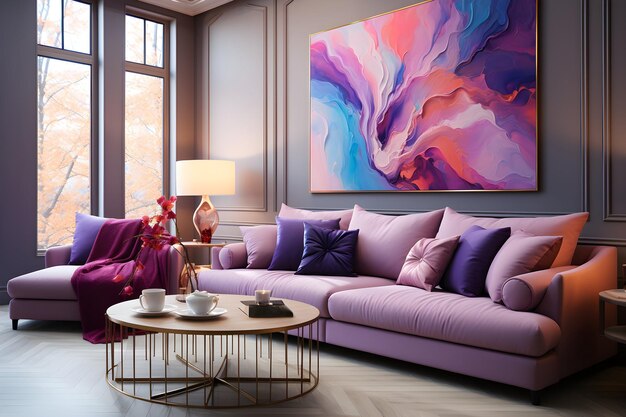 Picture frame colorful painting mockup hanging in a modern living room