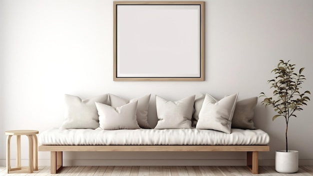 a picture frame hanging on a wall above a couch