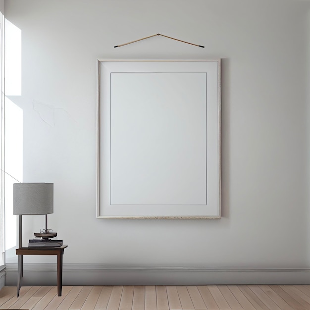 Picture frame hanging on a wall next to a lamp generative ai