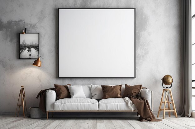 a picture frame hanging on a wall with a couch and a lamp