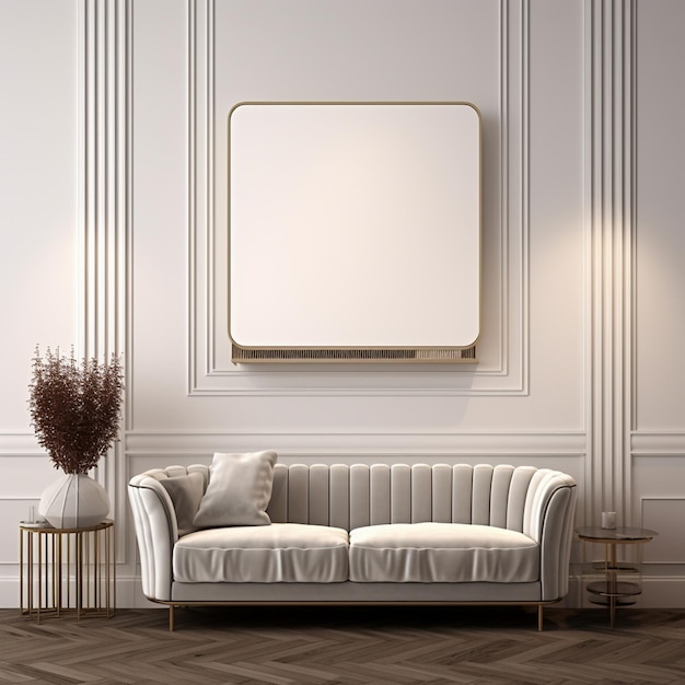 A picture frame hanging on a wall with a couch and a lamp