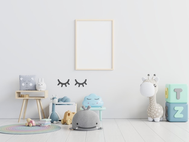 Picture frame hanging on wall with toys on floor
