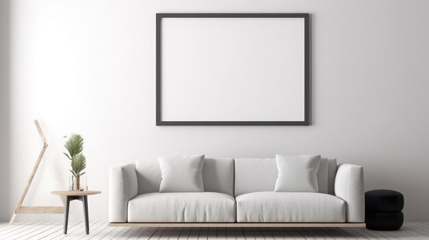 A picture frame hanging on a wall with a white couch and a wooden floor.