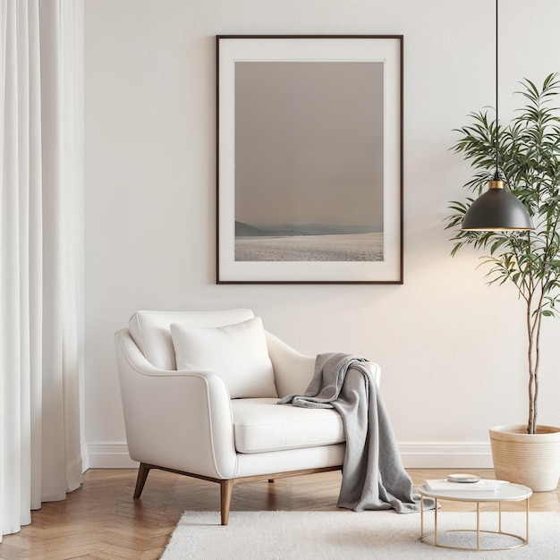 a picture frame hangs on the wall above a chair