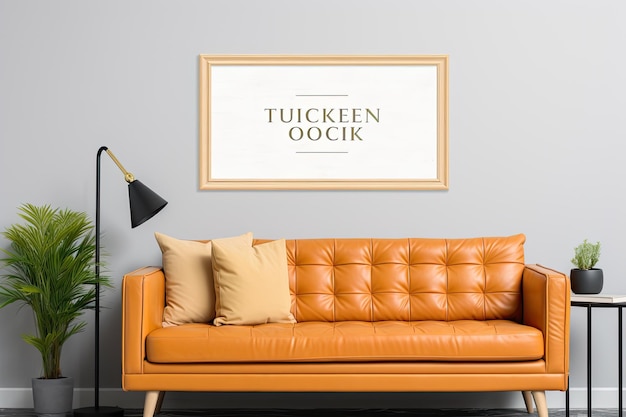 A picture frame hangs on a wall above a couch.