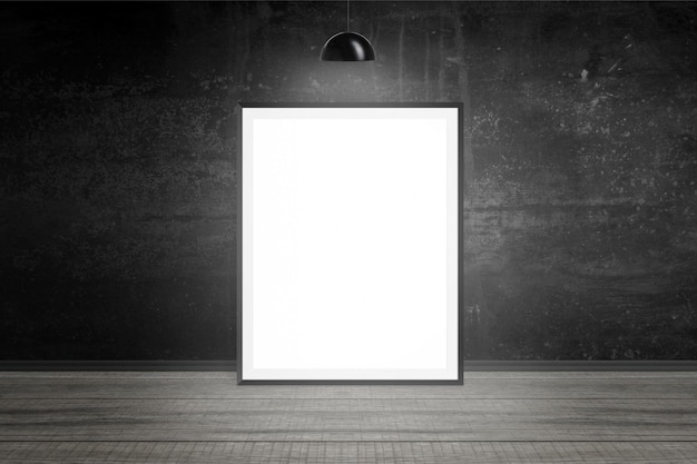 Cornice illuminata con lampada spazio vuoto bianco carta bianca per mockup parete nera sullo sfondo pavimento in legno