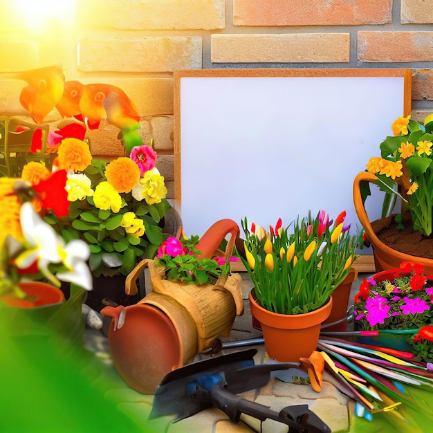 A picture frame is behind a bunch of flowers