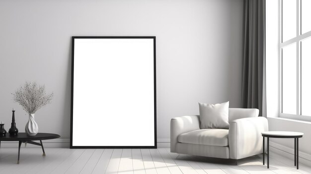 A picture frame is framed in a living room with a white sofa and a picture frame.