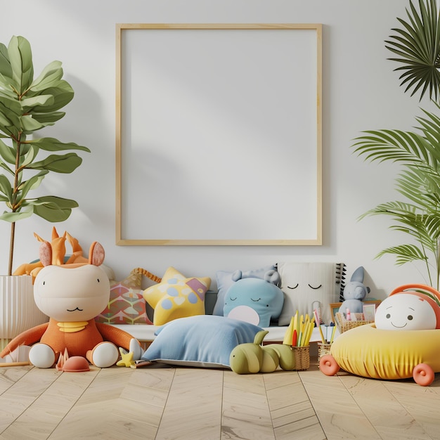 A picture frame is hanging above a pile of stuffed animals and a plant in a room with a wooden floor