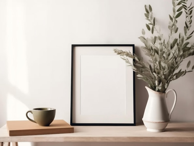 A picture frame is on a shelf next to a vase with a plant on it.